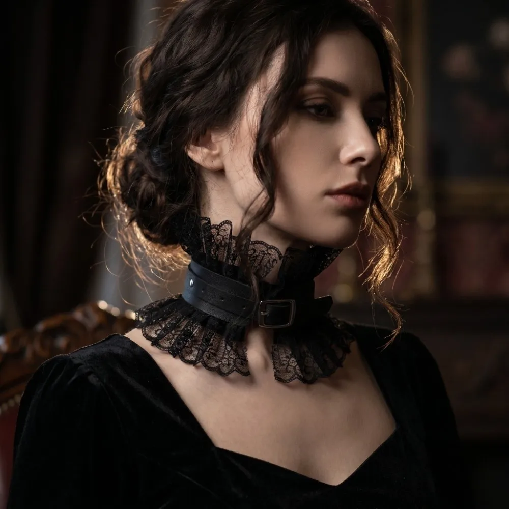 Black Red Color Pu Leather Choker Ruffled Floral Lace Adjustable Lace Lolita Choker Chunky Vintage Style Gothic Neck Ruff