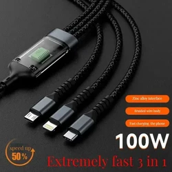 3 In 1 100w Transparent Fast Charging Cable Type C Usb Micro For Iphone Samsung Huawei Xiaomi Pilot Lamp Charger Usb C 6A