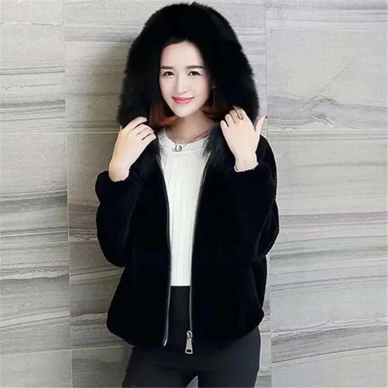 Spring Autumn Lmitation Fur Coat Women 2023 New Hooded Fur Collar Jacket Pure Colour Loose Outerwear Fashion Short Tops Female