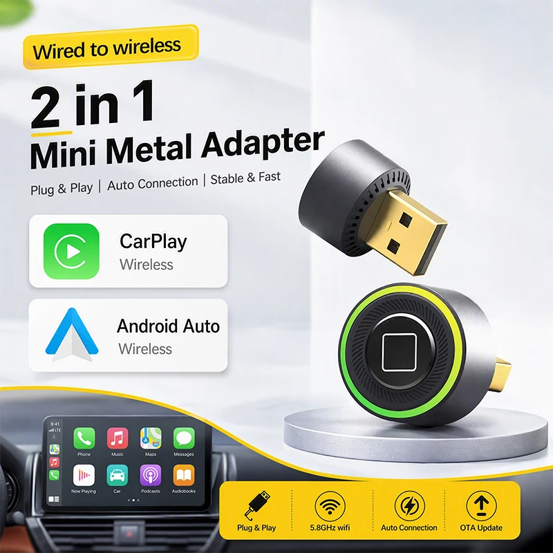 XUDA 2026 New Mini Carplay AI Box Wired to Wireless CarPlay/Android Auto 2in1 Adapter 5GHz WiFi5 One Click Swith or Disconnect
