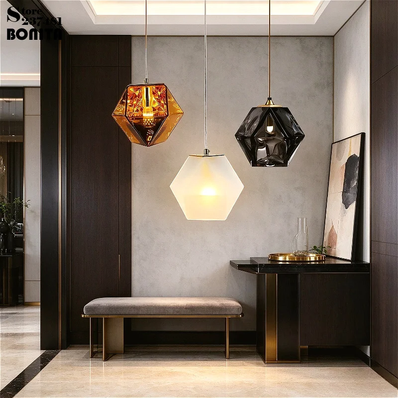 Modern Geometric Faceted Glass Pendant Light Diamond Cut Crystal Light Effect Hanging Lamp for Dining Room Kitchen Bedroom Hotel