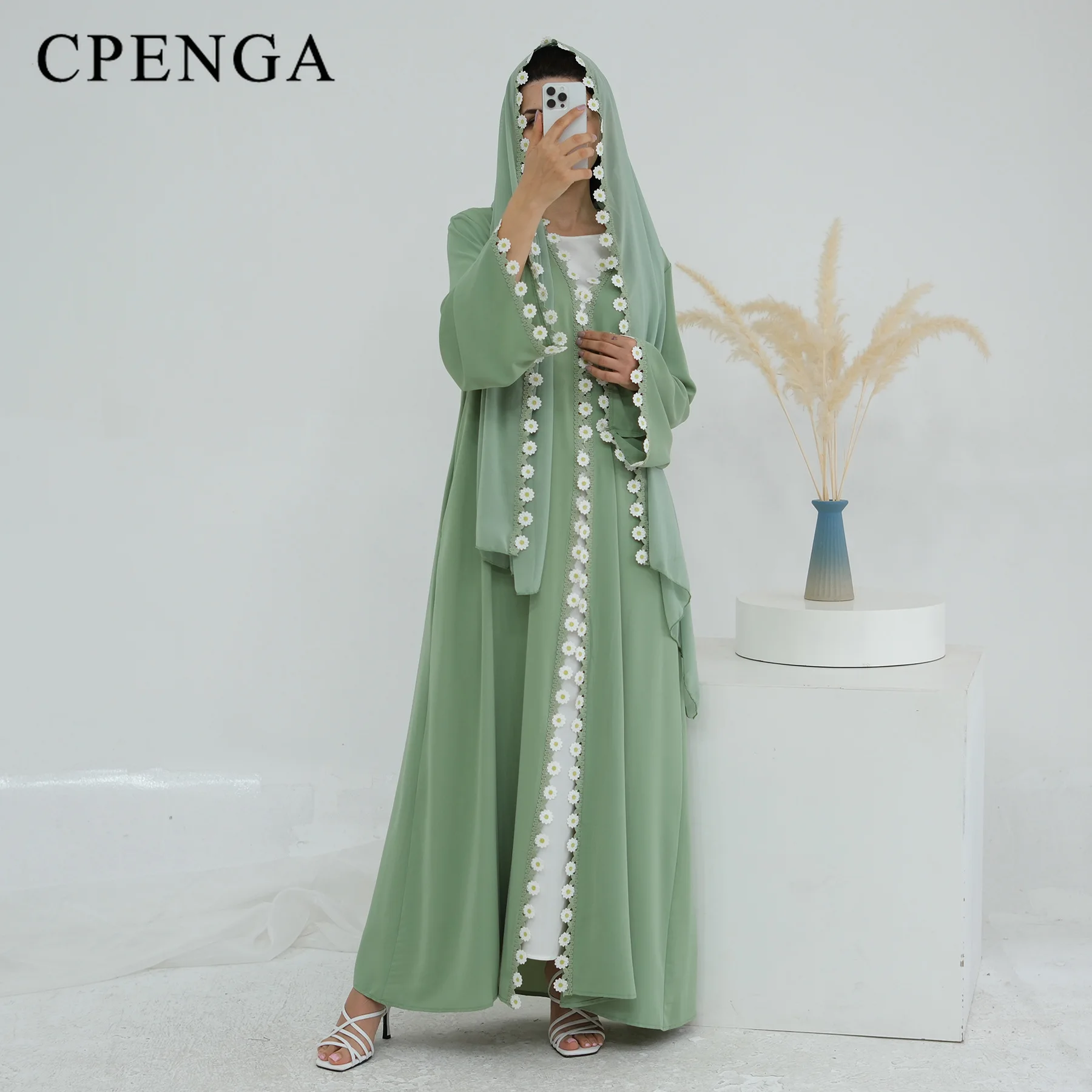 

Luxury Dubai Daisy Abaya with Hijab for Women Elegant Two Piece Modest Dress Headscarf Eid Islamic Holiday Outfit Turkey Kaftan