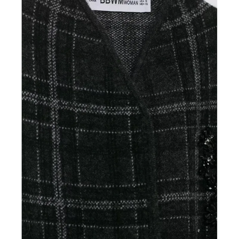 เสื้อคาร์ดิแกนไหมพรมลายตารางสำหรับผู้หญิง แขนยาว คอวี พร้อมเข็มขัด สไตล์วินเทจ ยืดหยุ่น ทันสมัย