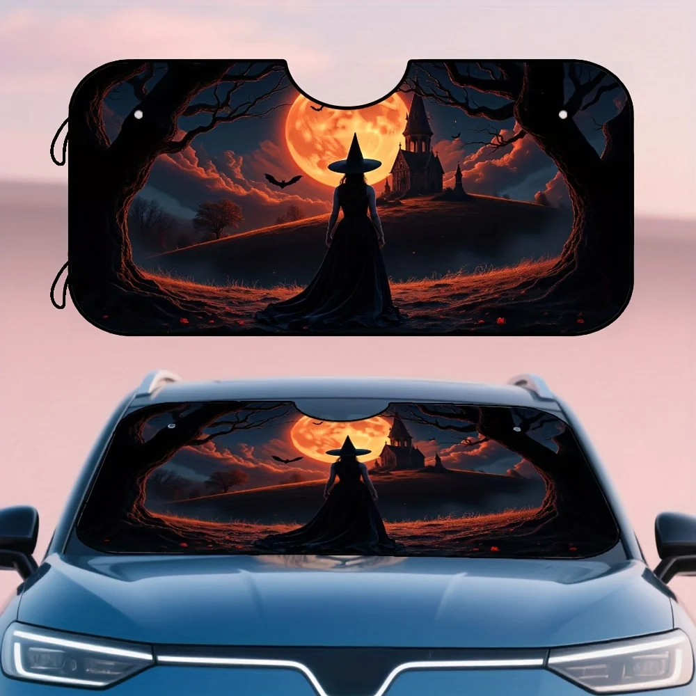 1pc Halloween Car Windshield Shade - Foldable Utility Design With Spooky Witch Castle Artwork, Durable Polyester For Fall Season