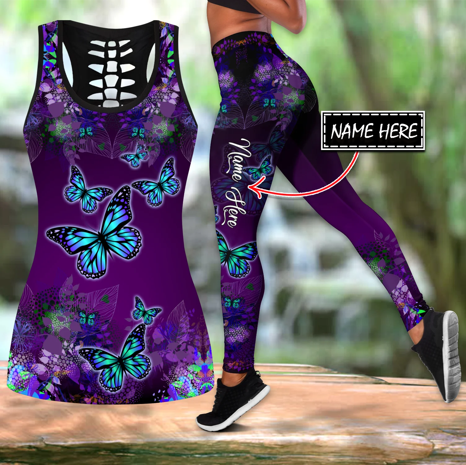 Nome personalizado borboleta 3d impresso oco regata e leggings conjunto para mulheres comprimento total fitness yoga correndo calças kbx01