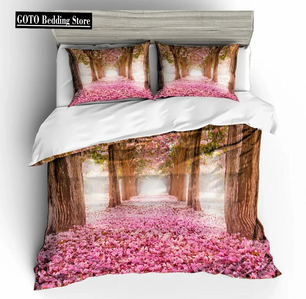 Pink Peach Blossom Duvet Cover Set, Microfiber Fabric Winter Spring, Summer View Flower Pattern 2-3 Piece Bedding Set Cover 3d