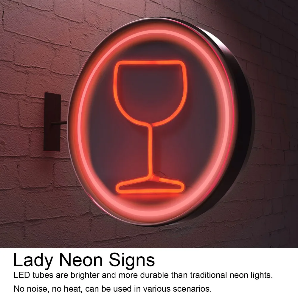 Wine Glass LED Neon Sign Dual Power Supply Battery Operated Neon Light Wall Mountable USB Powered Neon Bar Light