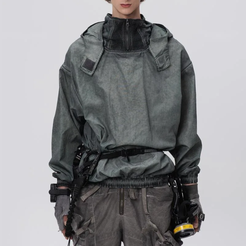 HKSH Spring Autumn Winter New Men Punk Waste Land Dirty-Dye Zipper Jacket Outdoor Detachable Hooded Mesh Back Sweatshirt HK17156
