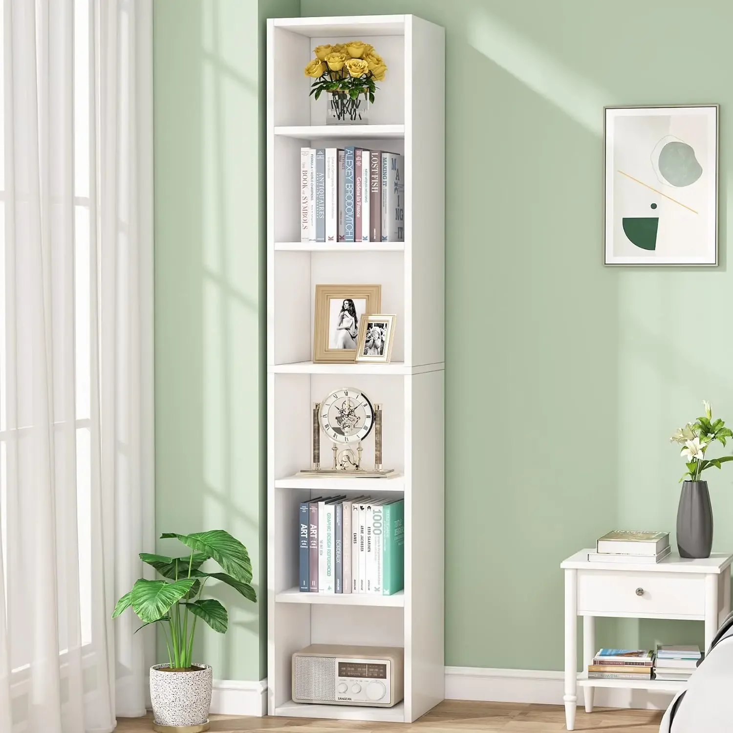 

70.9 Inch Tall Narrow Bookcase, Modern White Corner Bookcase with Storage, 6 Tier Cube Display Shelves for Home Office