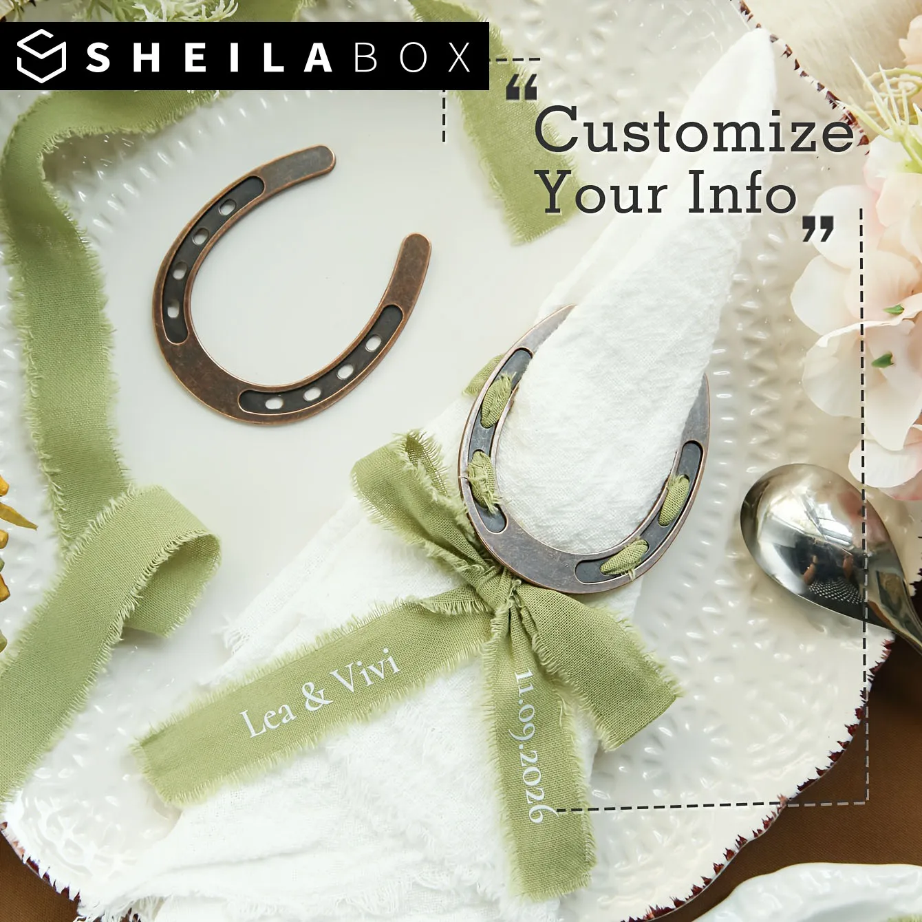 Sheilabox Horseshoe Napkin Rings Personalized Name Date Wedding Napkin Holder Satin Ribbon Bow Rustic Equestrian Tabletop Decor