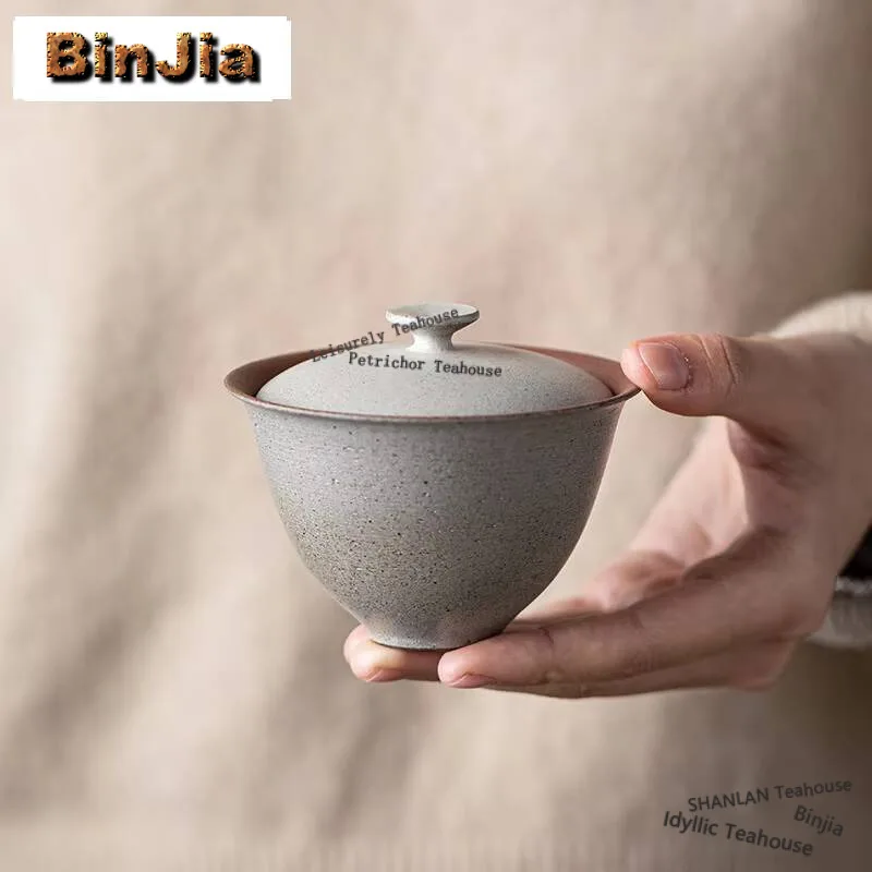 

120ml Retro Gray Coarse Pottery Gaiwan Hand Grab Horseshoe Stoneware Tea Tureen Tea Maker Cover Bowl Tea Services Accessories