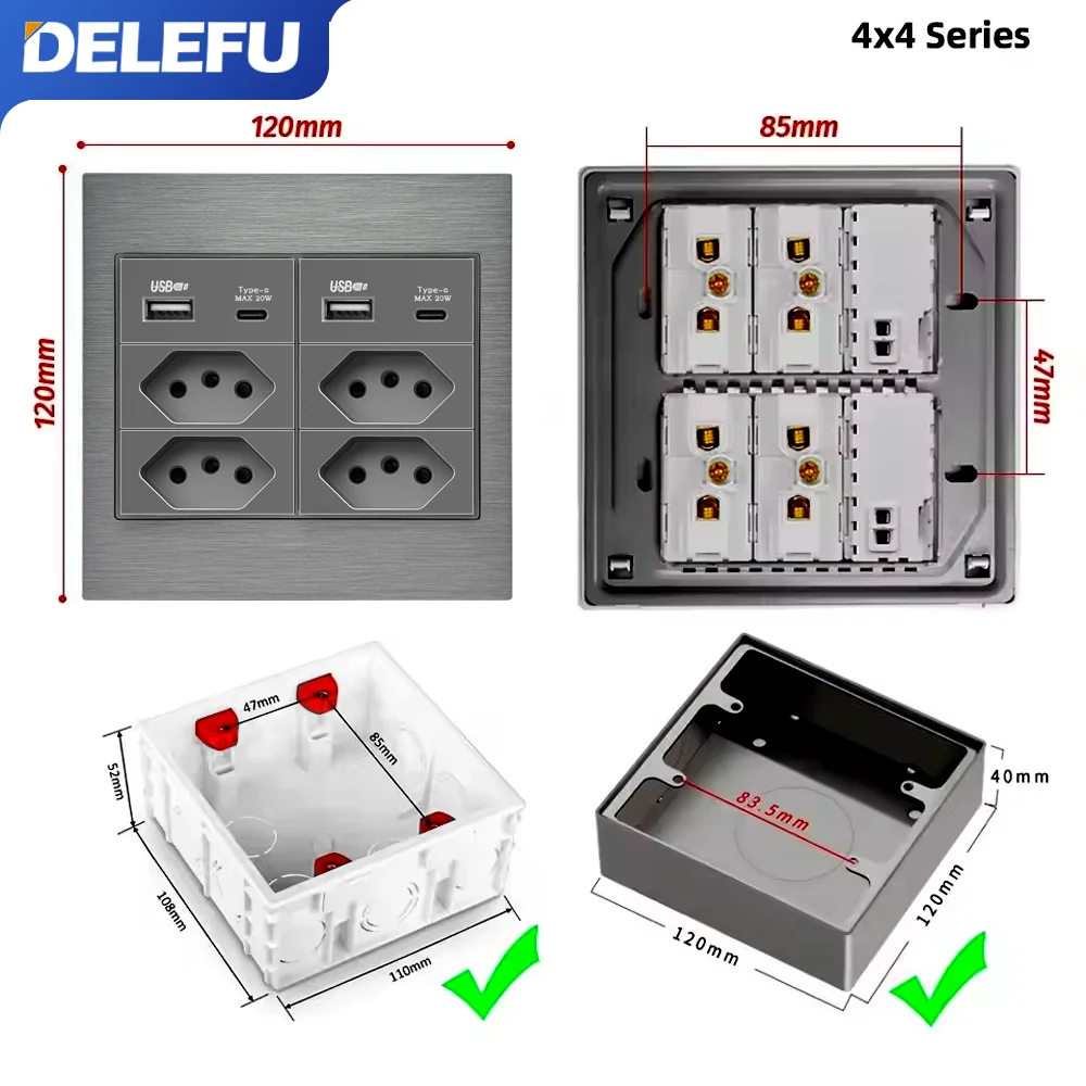 DELEFU-Panel de alambre de aluminio 4x4, toma estándar de Brasil, doble USB tipo C, toma de corriente de pared, interruptor de luz, oficina, gris, 10A, 20A
