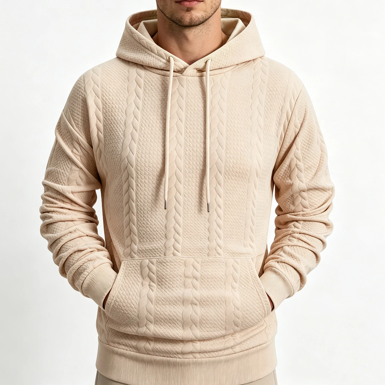 Men Daily Wear Knitted Hoodie Textured Cable Knit Design Kangaroo Pocket Ribbed Cuffs & Hem Long Sleeve Casual Hooded Top