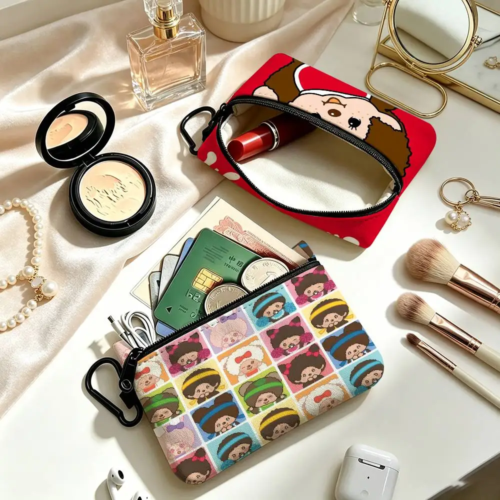 Popular Logo M-Monchhichi Fashion  Lightweight Oxford Fabric Coin Purse Carabiner Hook Design Mini Card Key Organizer Bag