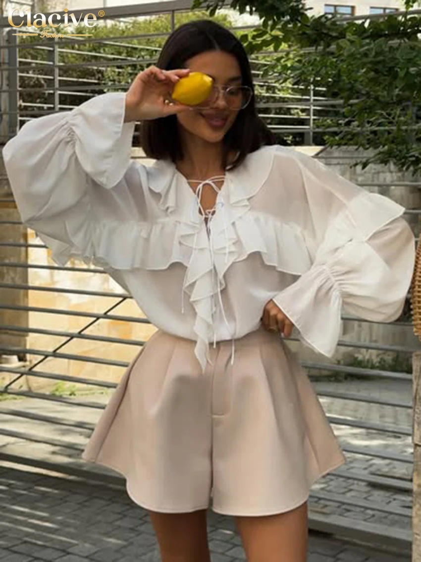 Clacive Mode Losse Witte Vrouwen Shirt 2025, Sexy V-hals Lange Mouwen Elegante Klassieke Ruche Solid Tops Vrouwelijke Kleding