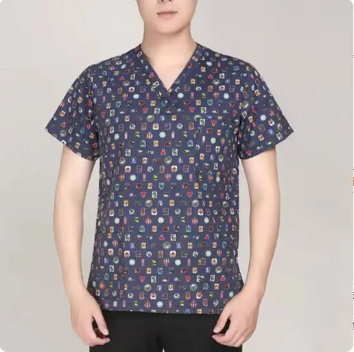 Surgical Shirt Man Cartoon Print Shirt Summer Dentistry Hospital