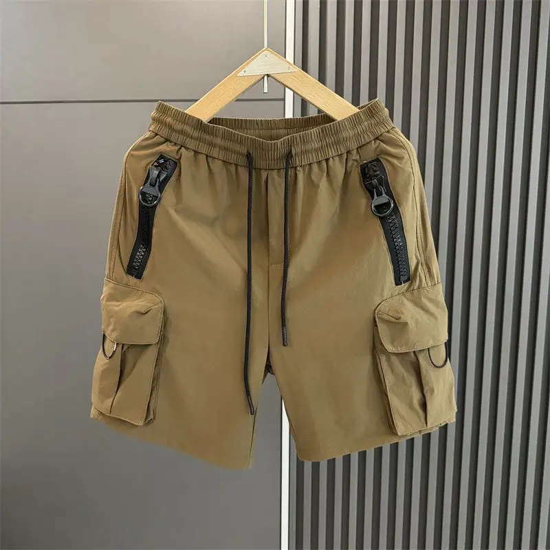 Men Trendy Vintage Casual Streetwear Zipper Pockets Thin Short Pants 2024 Summer Loose Quick Drying Straight Beach Cargo Shorts