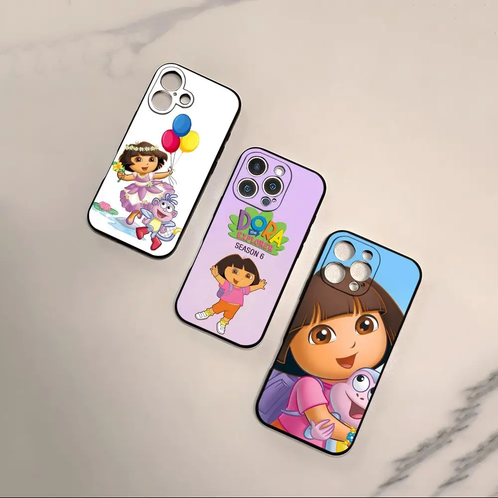 Capa de Celular Dora da Série de Animação para iPhone 17, 16 Pro Max, 15, 14, 13 Mini, 12 Pro, 11, XS Max, 7, 8 Plus - Capa Protetora Preta Macia