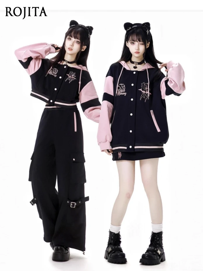 

Pink and Black Subculture Style Baseball Jacket for Women Fashion Embroidered Color Block Hooded Jacket Casual Pants Sets