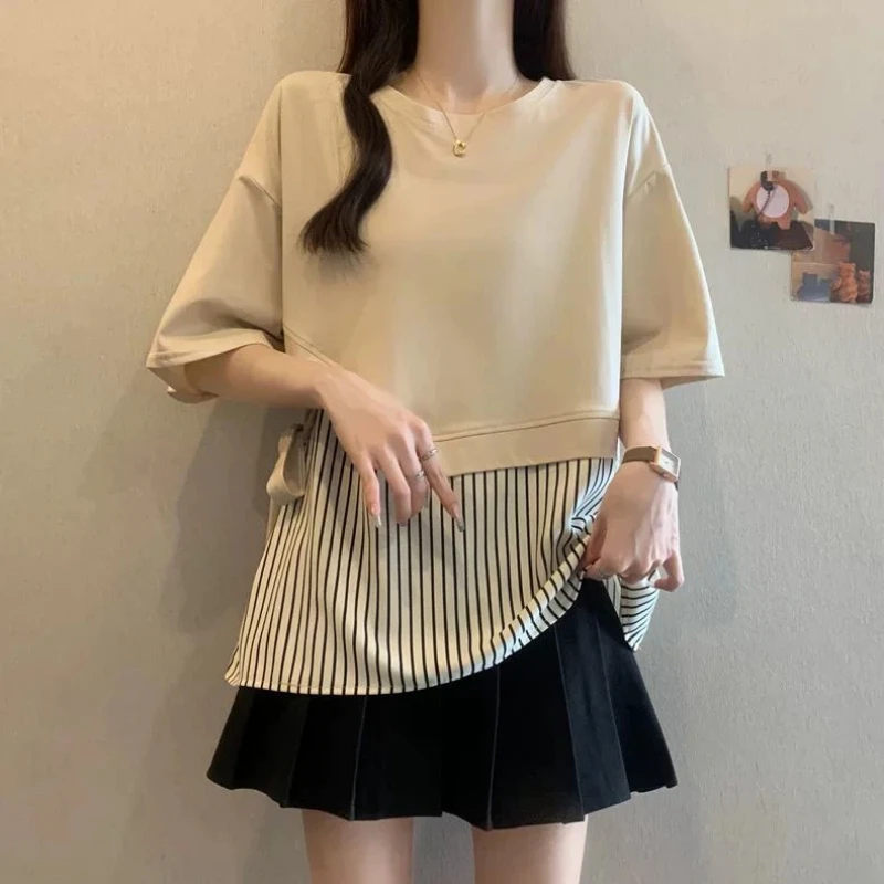 Fake Two-piece Striped Contrast Patchwork Casual Tops Women Clothing Summer Short Sleeve Plus Size Korean T Shirts Fashion Trend