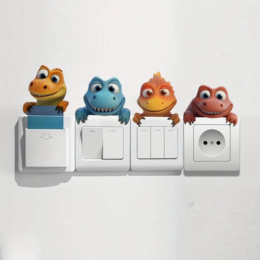 Dinosaur Switch Sticker 3D Cartoon Design Self-Adhesive Outlet Cover Kids Room Wall Decor Cute Creative DIY