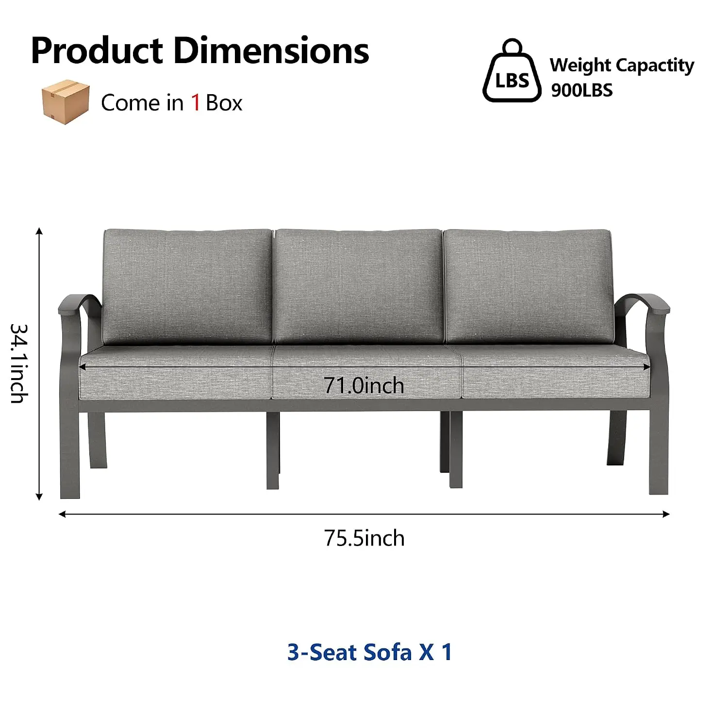 Aluminum 3-Seat Patio Furniture Set, Metal Outdoor Furniture Sectional Sofas w/5.1