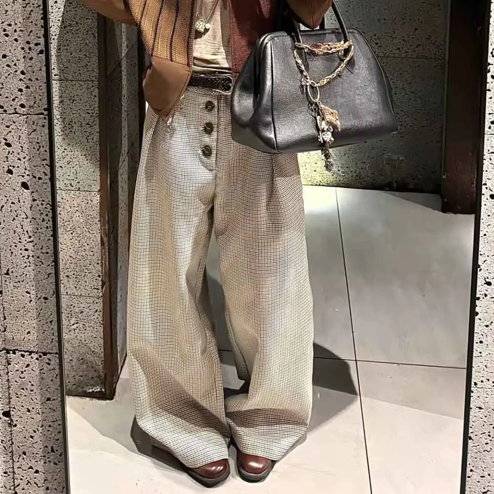 冬の新作メンズ千鳥格子ストレートスーツパンツアメリカンレトロファッショントレンドハイストリートカジュアルルーズニッチメンズボトムス