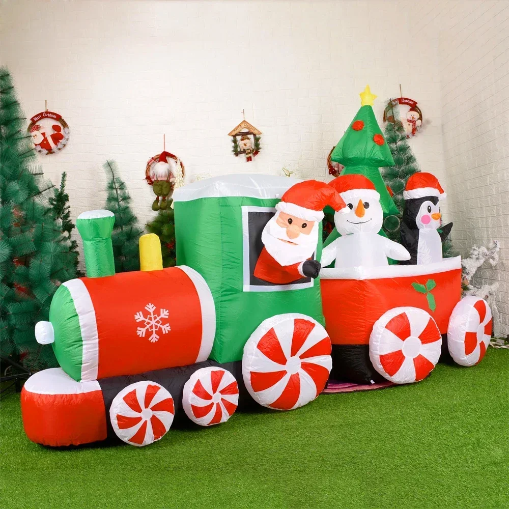 Decoração de natal trem inflável papai noel boneco de neve comprimento 8.8ft brinquedos infláveis com luzes led ornamento de jardim ao ar livre