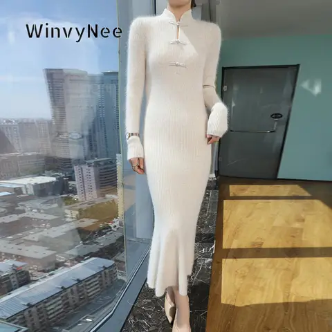 WinvyNee Women Qipao Maxi Dress Mink Velvet Slim Mermaid Hem Brushed Fabric Stand Collar Knot East Fall Graceful Outfit E1248049