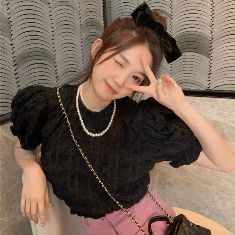 Korean Sweet Solid Color Chiffon Shirt Summer O-neck Pleated All Match Puff Sleeve Shirt Small Fresh Fashion Top Women Clothing