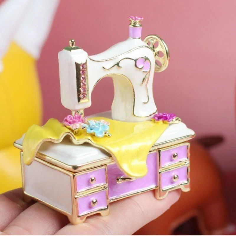 Vintage Enamel Sewing Machine Trinket Box, Retro Jewelry Storage Keepsake for Rings, Handmade Craft Gift-Sewing Lover Home Decor