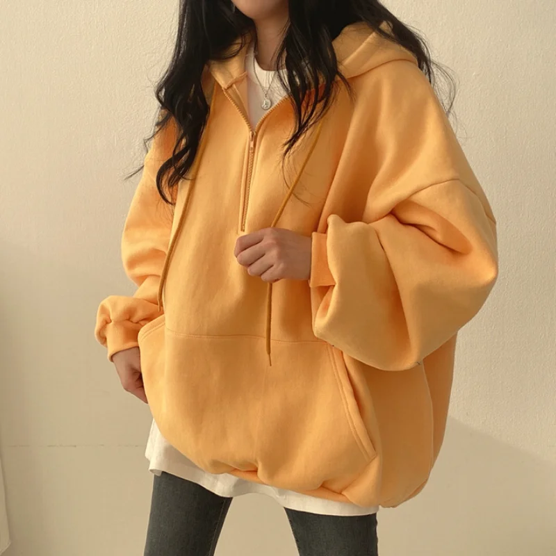 Women Hoodie Loose Oversized Solid Color Half Zip Up Hoodie Sweatshirt Harajuku Female Casual Long Sleeve Pocket Hooded Pullover