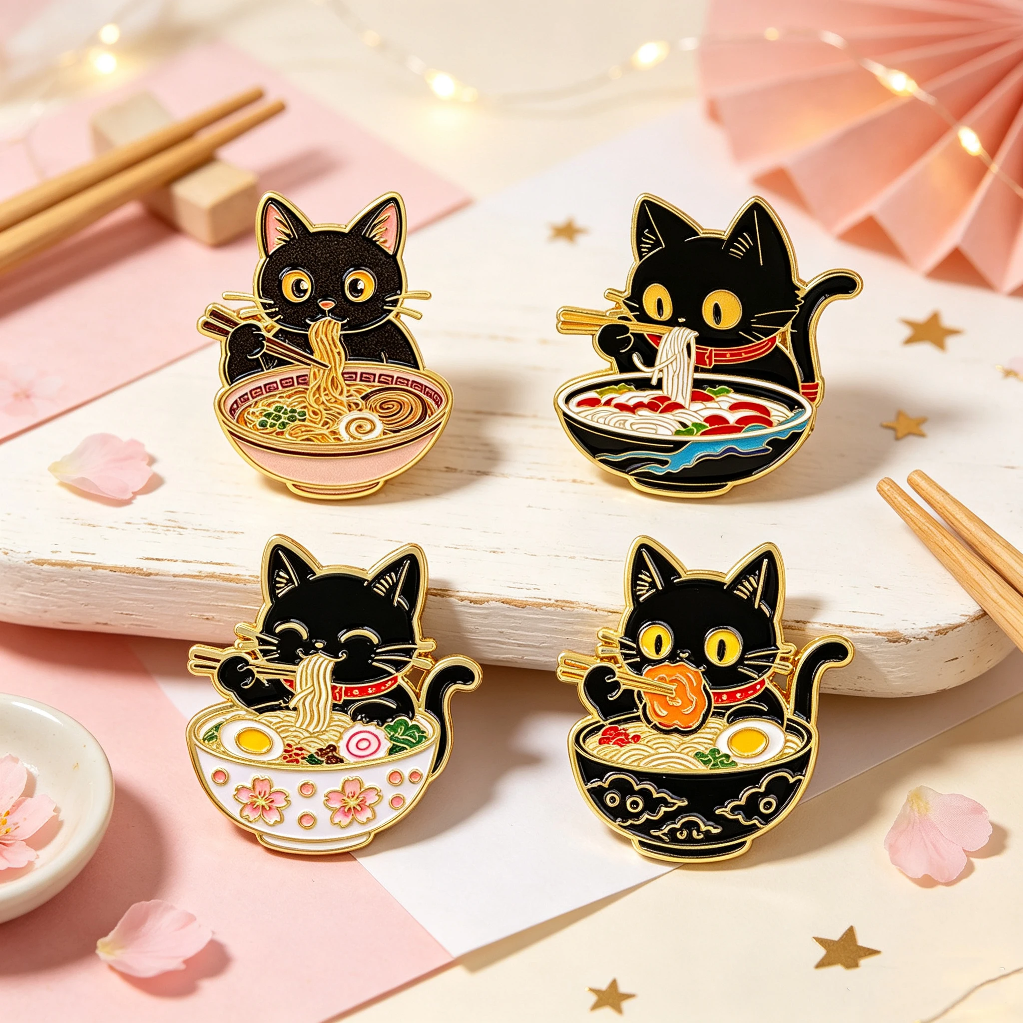 4pcs Cute Black Cat Brooch Japanese Noodle Enamel Pin Set Brooches Woman Men Backpack Accessories Bags Badge Lapel Jewelry Gifts