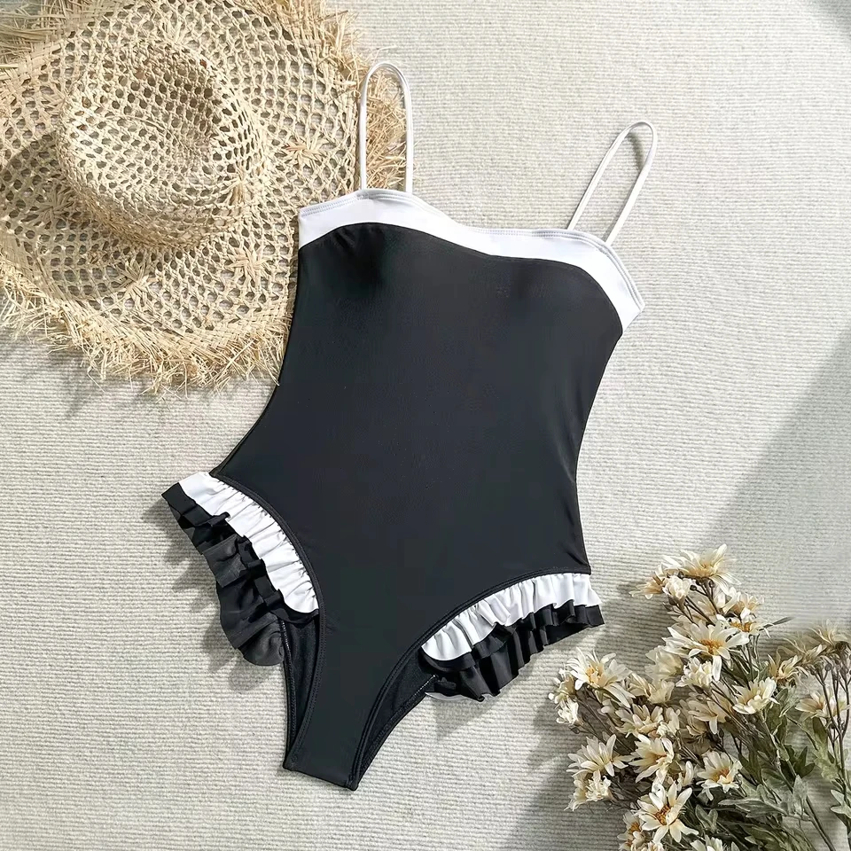 

Ruffled Frilled Splicing One Piece Swimsuit Women Swimwear Female Monokini High Leg Cut Padded Bather Bathing Suit Swim
