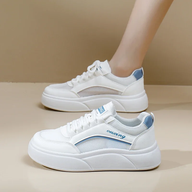 صيف جديد! النسخة الكورية من الأحذية الشبكية المجوفة القابلة للتنفس - لوح كاجوال رياضي سميك ونماط أحذية بيضاء صغيرة