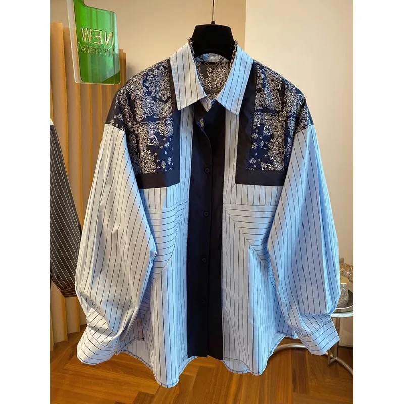 SuperAen-camisa holgada de manga larga para mujer, camisa informal de alta gama con estampado a rayas azules, estilo Retro, primavera y otoño,