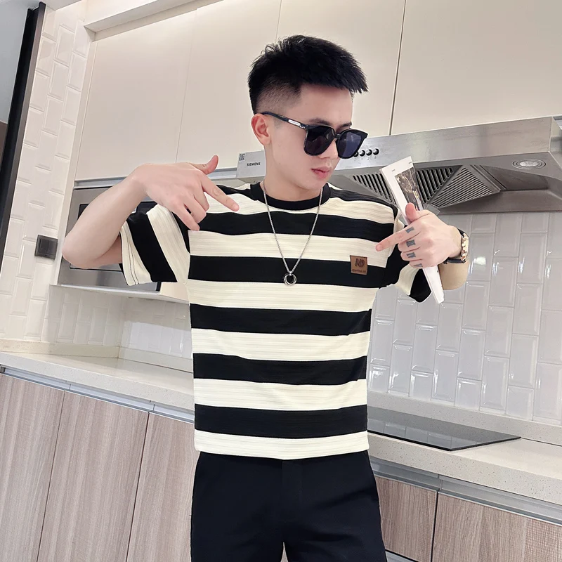 

Мужская футболка Slim Fit с коротким рукавом, в полоску, молодежная, модная, дышащая, летняя, с круглым вырезом, размер S, размер XS