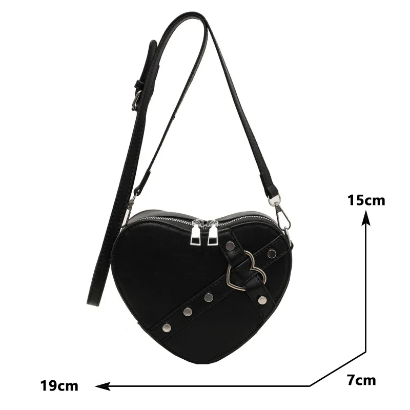 Vintage Y2K Small Chain Rivet Shoulder Bag Heart Shaped Purse Handbag Red PU Leather Gothic Tote Bag Fashion Women Crossbody Bag