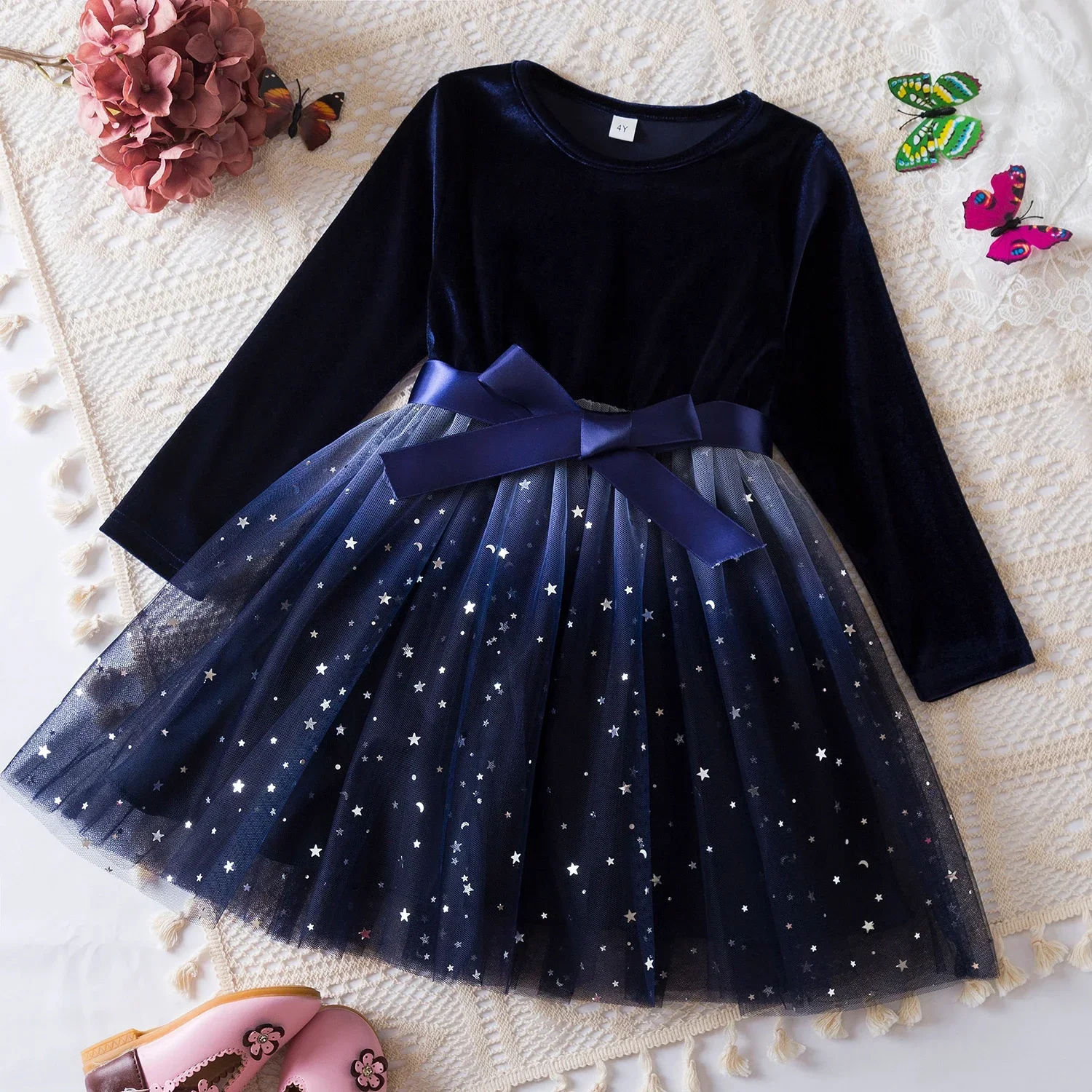 Kids Girls Dress New Sequin Birthday Princess Dress Bow Long Sleeve Mesh Casual Dress Red Christmas Children Autumn Clothes 3-8Y