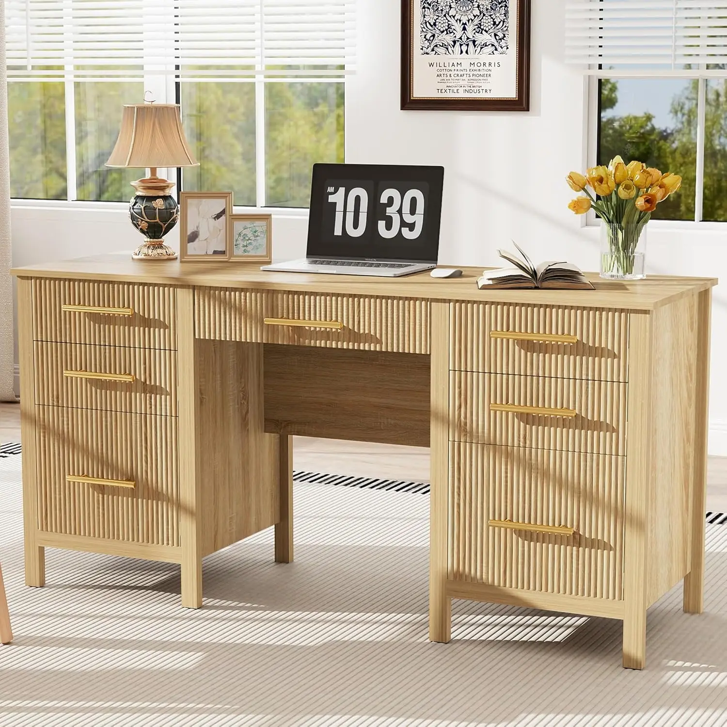 

Executive Desk with Drawers: 60 Inch Oak Home Office Desks with File Drawer, Wood Fluted Desk with Storage, Writing Computer De
