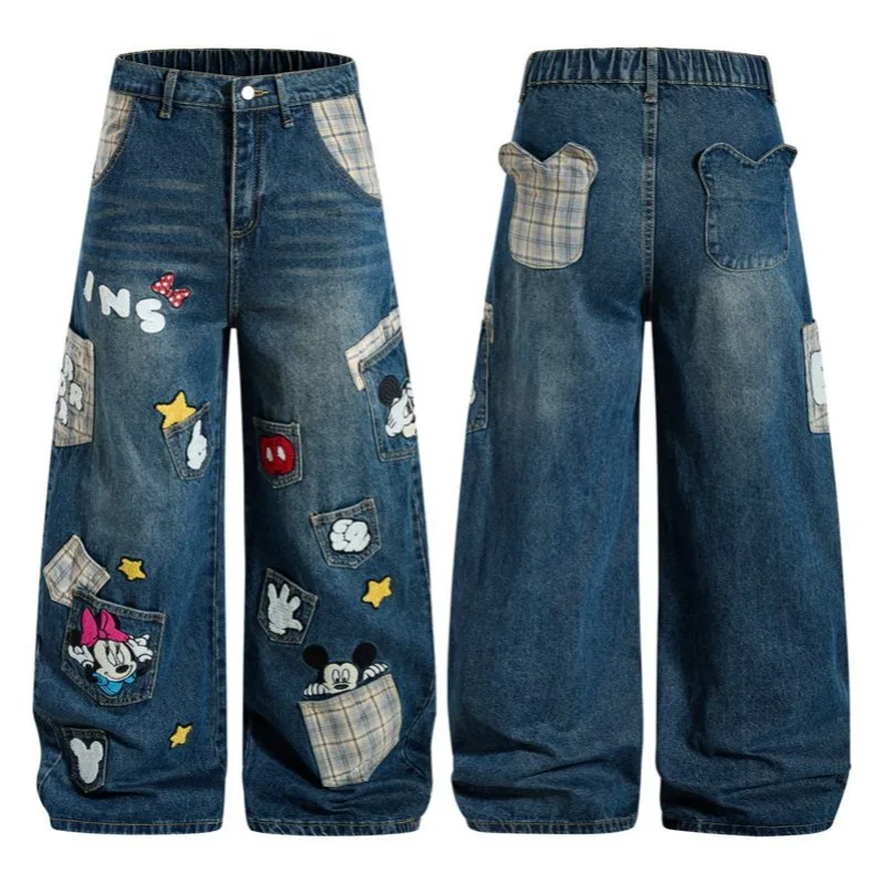

hoodies Unisex Vintage Original Mickey Heavy Embroidery Jeans New BF Style Trendy Versatile Wide Leg Straight Long Denim Pants
