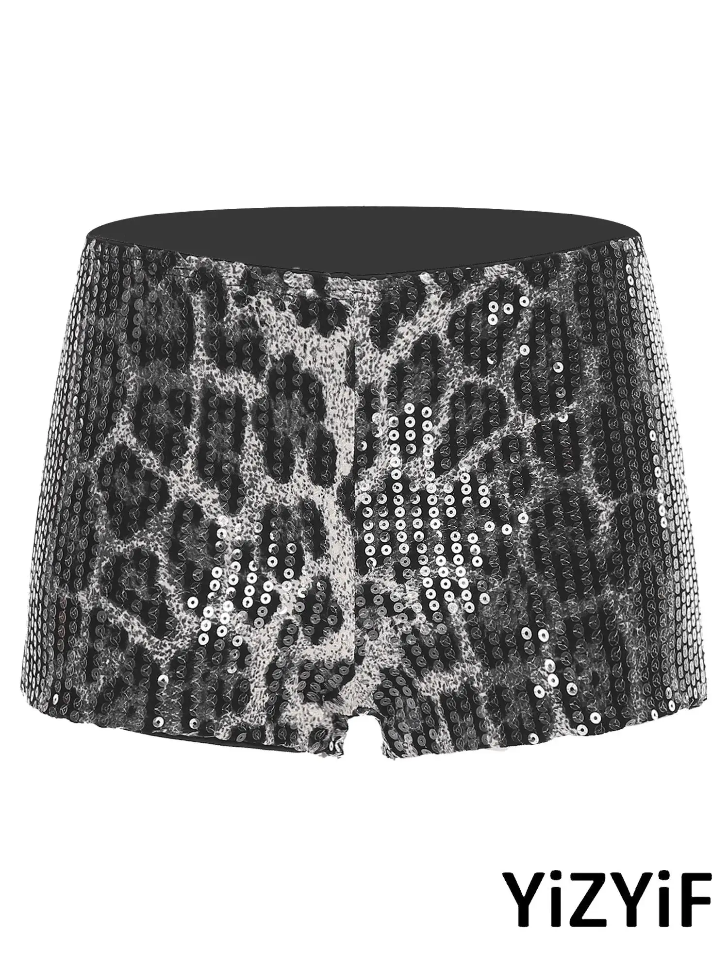 女性用スパークリングレオパードホットパンツ、フルスパンコールカバー、シルクのような裏地、キラキラ輝くクラブショーツ、ポールダンスやナイトライフに最適