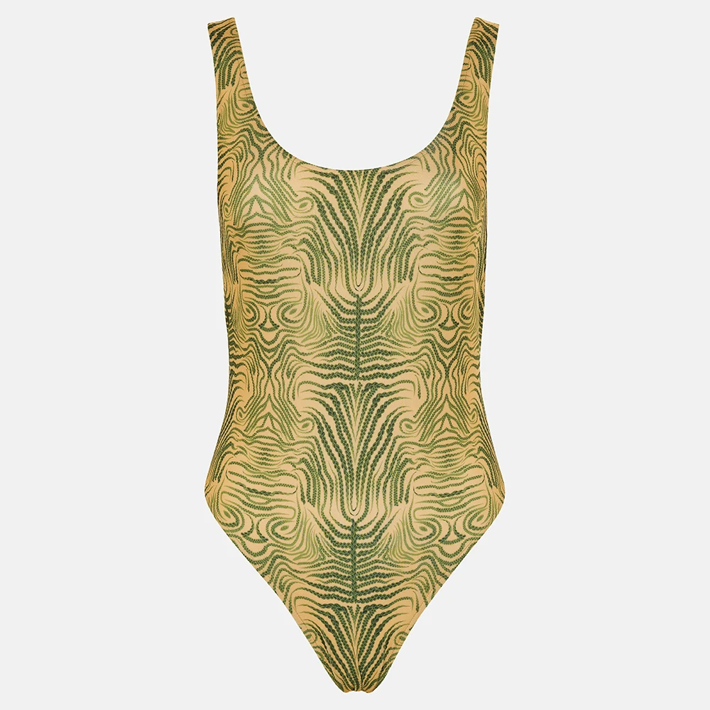 Green Vintage Classic Swimsuit Textured Pattern Swimwear 2024 One Piece Women Beach Retro Sexy Bikini Push Up Swimming Suits