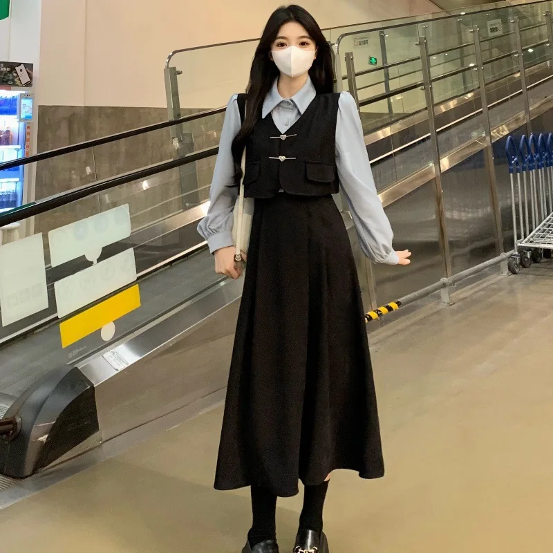 French Retro College Style Fake Two Piece Corduroy Dress Large Women's Spring Autumn New Splicing Color Style Long Dresses