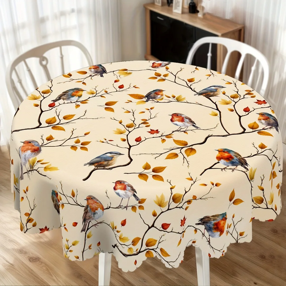 1pc Tablecloth, Autumnal Table, Design with Desolate Maple Leaves And Birds, Retro Country Casual Tablecloth, Autumn Decoration, Polyester Round Rectangular And Oval Tablecloths, Suitable for Indoor/Outdoor Parties, Festive Activities