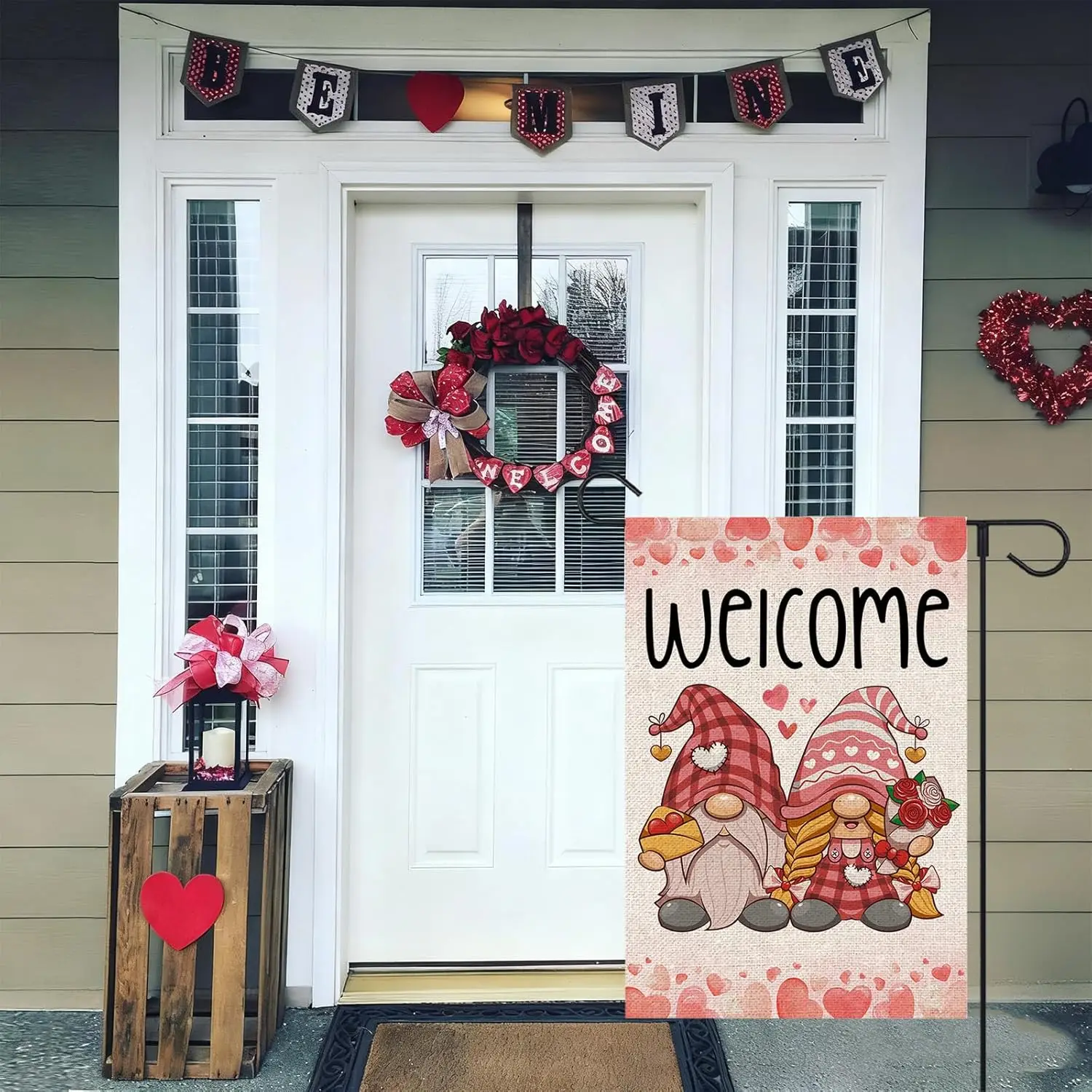 Valentines Day Garden Flag 12x18 Inch Double Sided Outside Gnomes Hearts Love Hearts Small Burlap Flag for Welcome Holiday Y PPM