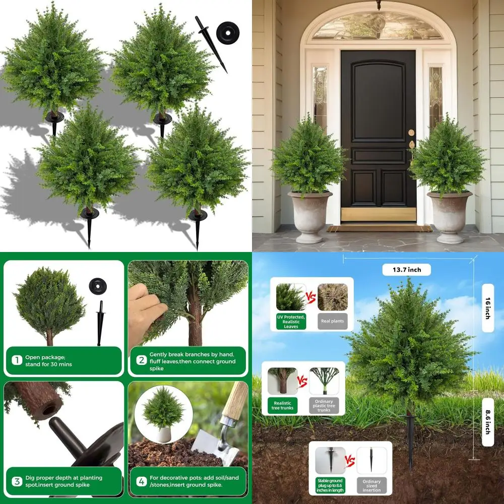 Set of 4 UV-Resistant Artificial Topiary Ball Trees, Outdoor/Indoor Decorative Shrubs with Ground Spikes for Patio, Garden, and