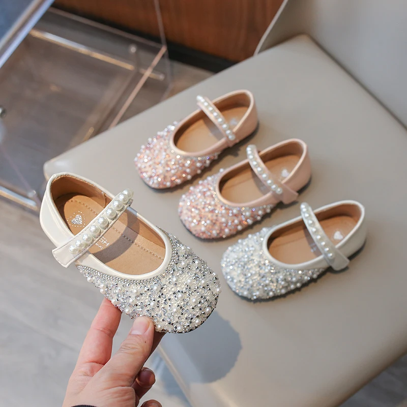 Girls' Princess Leather Shoes with Pearl Sparkling Rhinestones Shallow Mouth Flat Bottomed Anti-Slip Children's Shoes 23-35