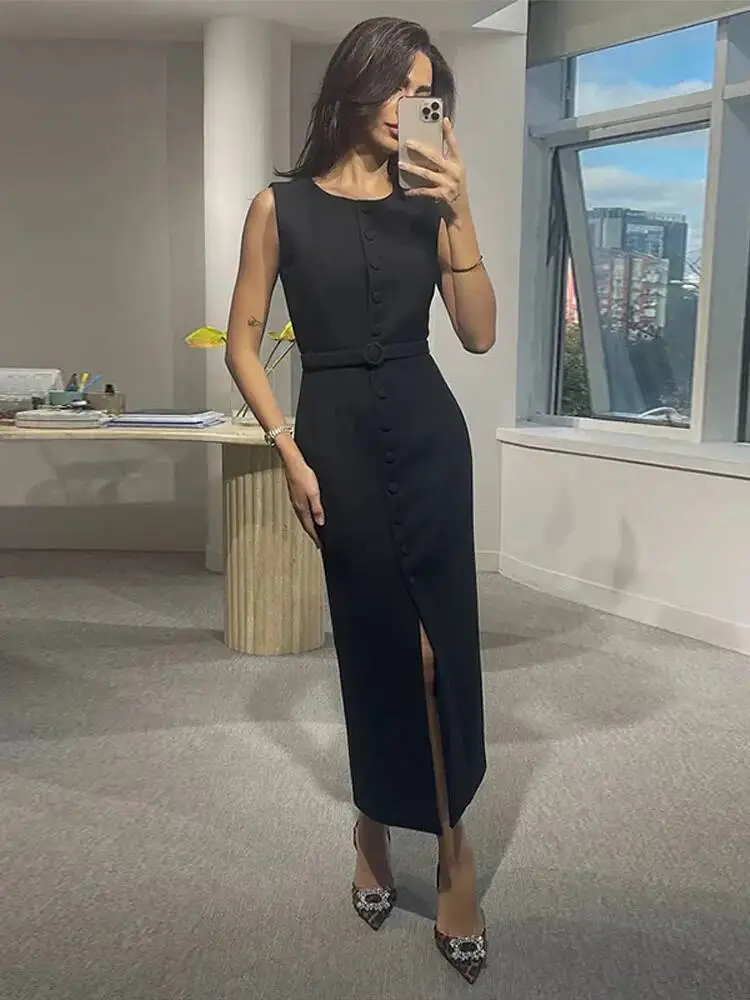 Elegant Single Breasted Tank Dress Women Belts Sleeveless O-Neck Slim Solid 2025 Spring Dresses Commute Street Split Lady Robe