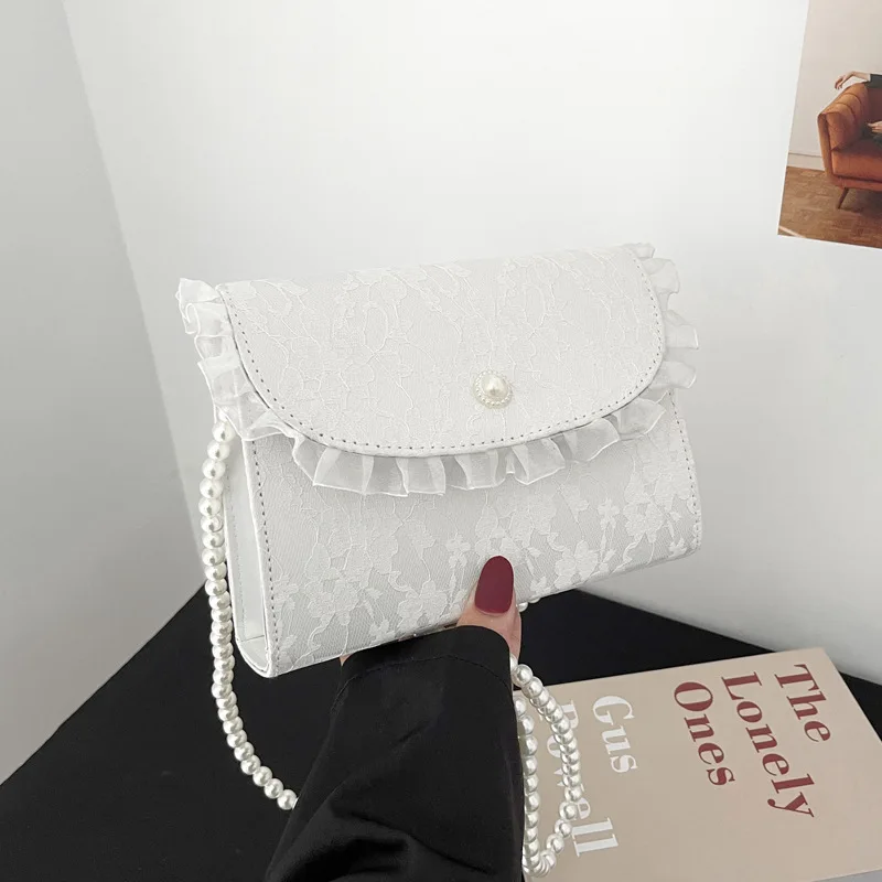 Retro Crossbody Bags for Women Vintage Lace Pearl Chain Ladies Small Square Shoulder Bag Female Clutch Purse Handbags Messenger